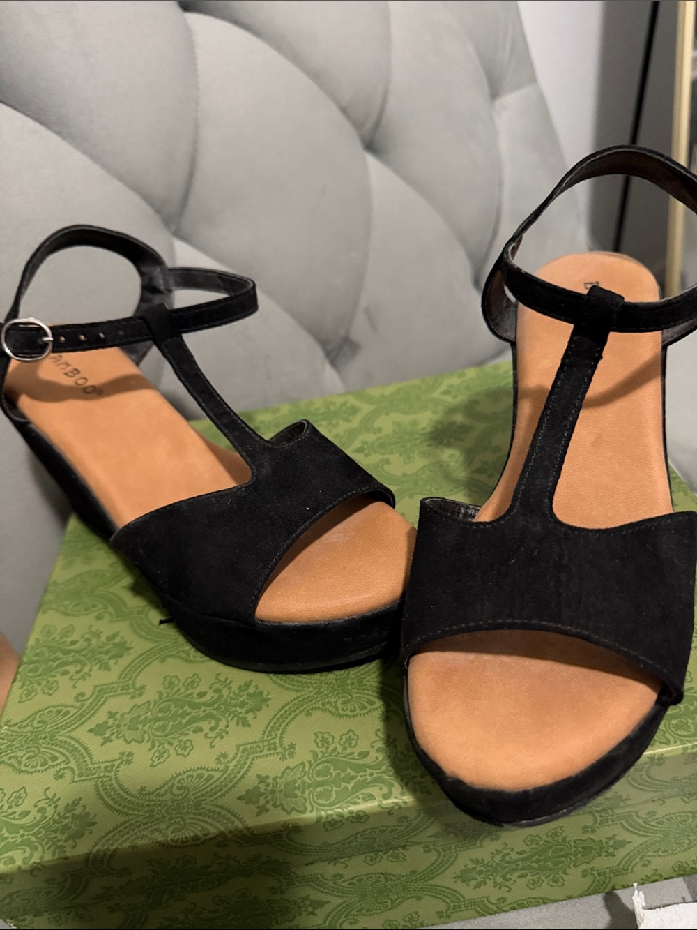 Women's Black T‑Strap Wedge Sandals by